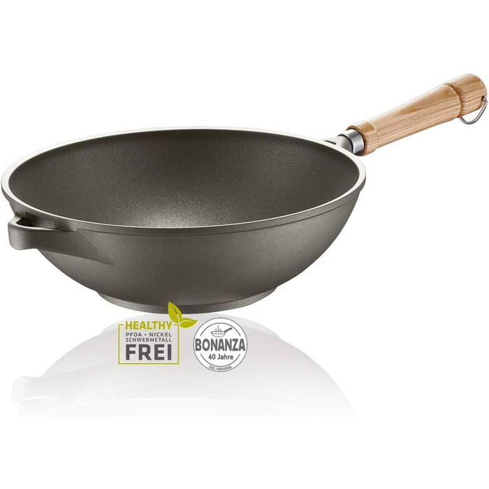Berndes Classics Bonanza Square Pan with 3-Layer Non-Stick Coating and Wooden Handle, Robust Aluminum Casting, Non-Stick Coated, Gray (28 cm, Veggi Wok)