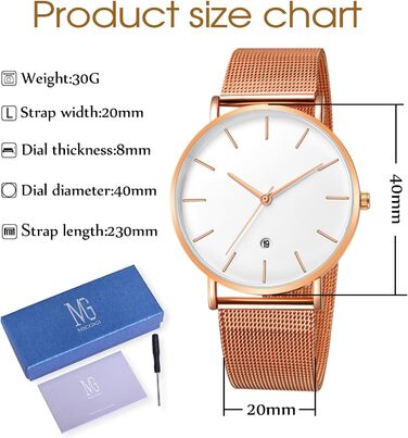 Чоловічий годинник на зап'ясті, аналоговий кварц, мінімалістичний дизайн з браслетом з нержавіючої сталі (рожеве золото)