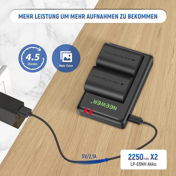 Запасний акумулятор Neewer N для Canon EOS 7D Mark II та інші моделі, 2 шт. 2000mAh, комплект з зарядним пристроєм (LP-E6NH)