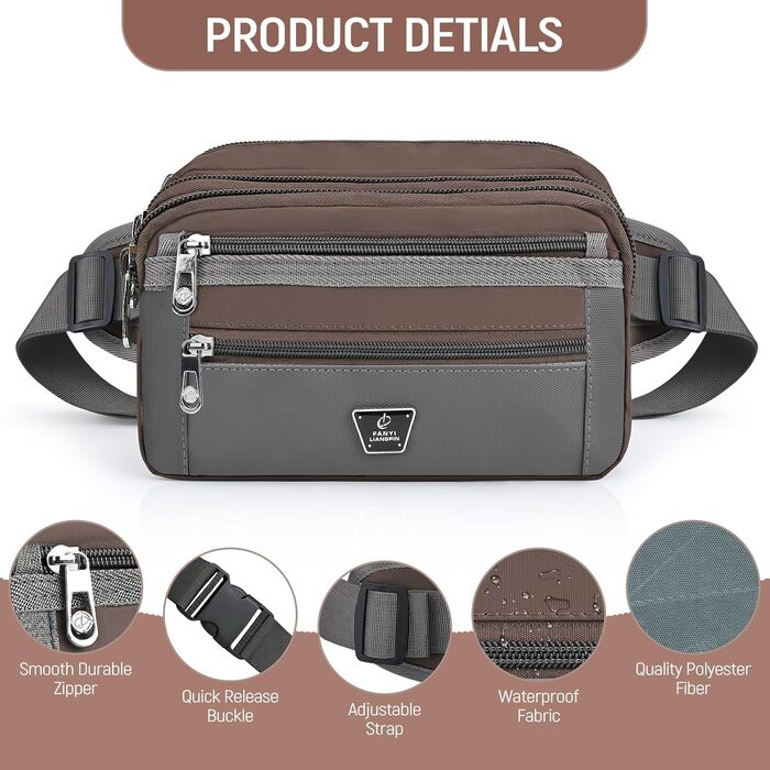 Поясна сумка на пояс для чоловіків та жінок з 7 кишенями на блискавці. Ідеальна для спорту, фітнесу, бігу, велоспорту, подорожей та кемпінгу. Колір: кавовий