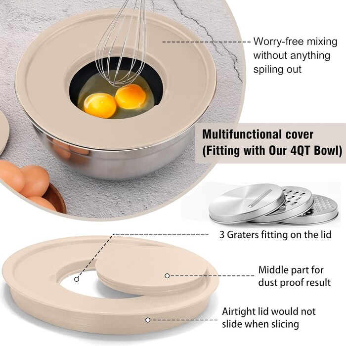 Набір місок для перемішування BEWOS 7 шт. з кришкою, нержавіюча сталь, набір місок з терткою, вкладна конструкція, колір хакі, протиковзкі дна, об'єм 0.5, 1, 1.4, 1.85, 2.35, 3.2, 4 л для змішування та подачі