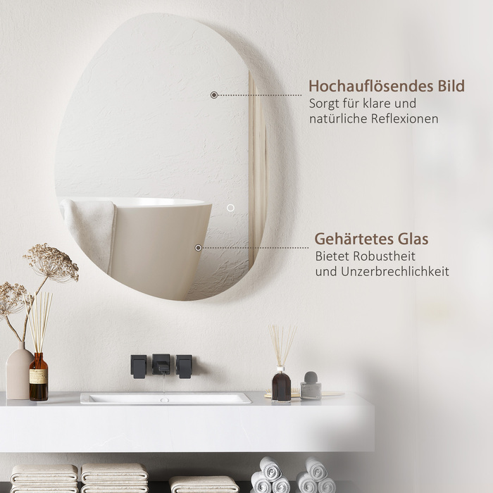 Дзеркало для ванної кімнати HOMCOM 70 x 50 см з асиметричною формою, LED-підсвіткою, сенсорним перемикачем та функцією запобігання запотіванню, срібного кольору