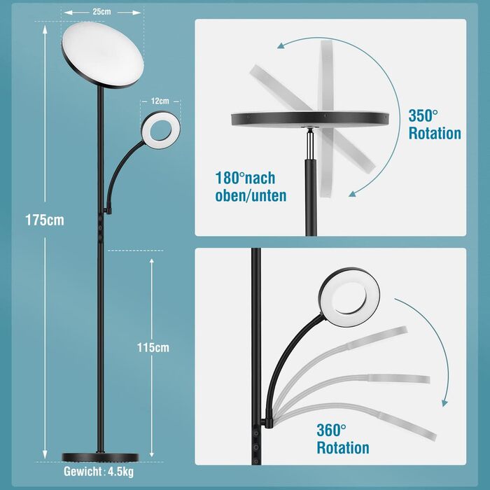 Стельовий LED-прожектор 42W з регулюванням яскравості та лампою для читання, 4200LM, 2700K-6500K, дистанційне керування, сенсорне управління, сучасна підлогова лампа для вітальні, спальні, офісу