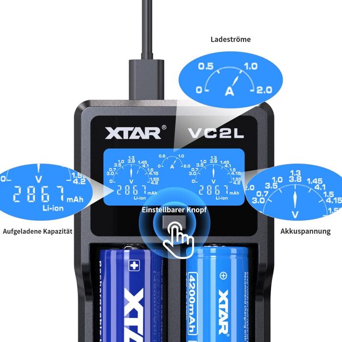 Зарядний пристрій XTAR VC2L для акумуляторів 18650/21700 з LCD дисплеєм та USB Type-C, 2 слоти, для Li-ion 3.6V/3.7V та Ni-MH/Ni-Cd AA/AAA