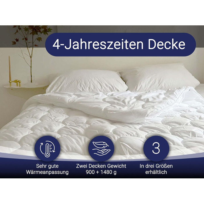 ZOLLNER 4-Season Duvet 240x220 cm - for Summer and Winter - made of 2 buttoned-together duvets - washable up to 60 °C - Hotel Quality - Oeko Tex Certified 240 x 220 cm White