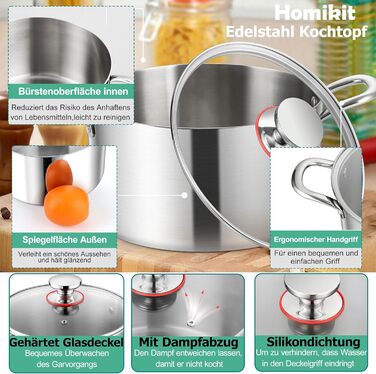 Каструля Homikit 20 см, 3-шарівна з нержавіючої сталі з кришкою з термостійкого скла, 3.3 л для приготування супу, пасти, м'яса, підходить для всіх типів плит, полірована нержавіюча сталь, не має покриття, безпечна, можна мити в посудомийній машині