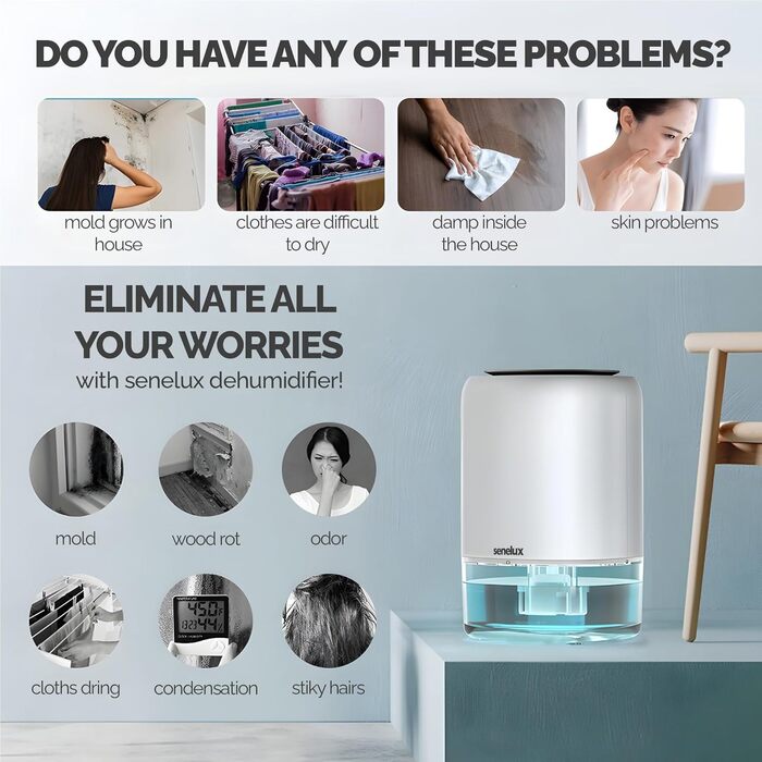 Електричний осушувач повітря Senelux з 7 кольоровими підсвітками, портативний, автоматичне вимкнення для сушіння одягу, для спальні, від цвілі, у шафу