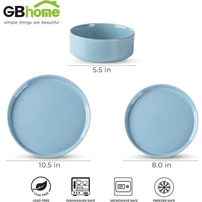 Набір посуду GBHOME для 4 осіб, 12 предметів: тарілки, миски, чашки з глазурованим дном, стійкий до подряпин та сколів, підходить для миття в посудомийній машині та використання в мікрохвильовій печі, блакитний колір