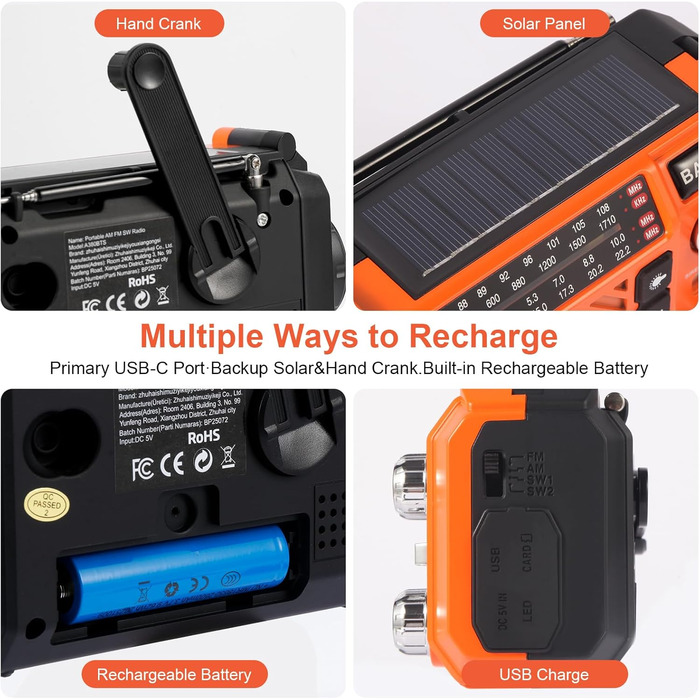 Радіо-приймач Kurbelradio з сонячною панеллю, Powerbank 2600mAh, AM/FM/SW, LED-ліхтарик та SOS-сигналом для екстрених ситуацій (Оранжевий)