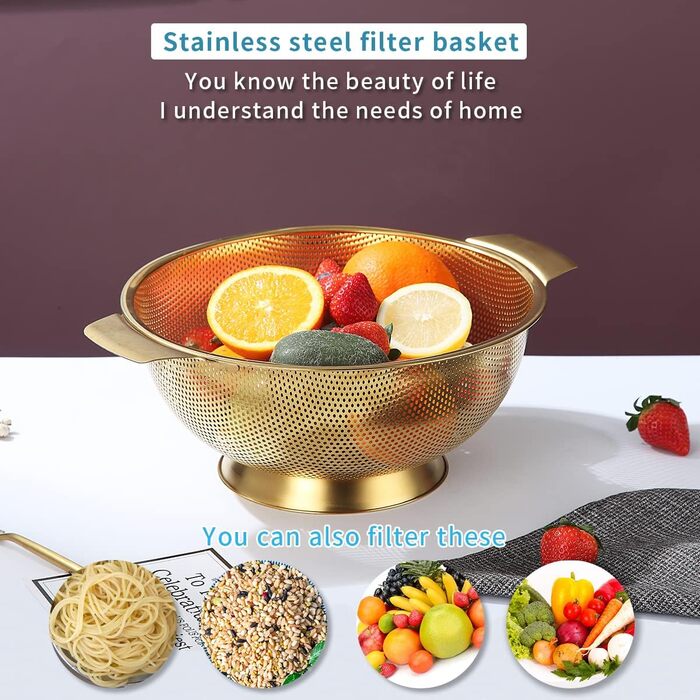 Ситечко Kyraton Gold Colander 5 Quart: професійне нержавіюче сито з покриттям з титану та золота, міцні ручки та основа для самостійного зливу, легко миється, підходить для миття в посудомийній машині