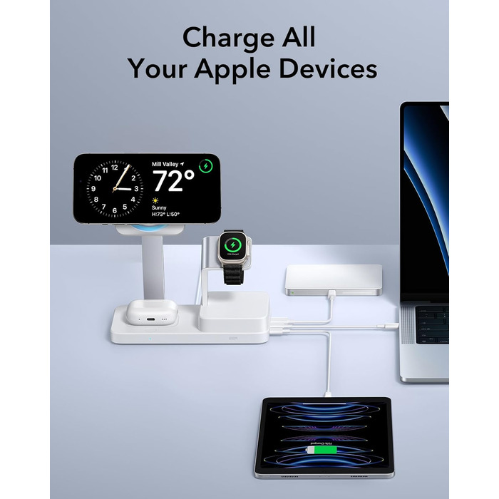 Зарядний пристрій ESR 65W GaN 6-в-1 з підтримкою MagSafe, білий. Сумісний з iPhone 17/16/15/14/13/12, Apple Watch, AirPods та USB A/C пристроями