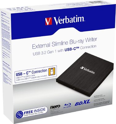 Зовнішній тонкий Blu-ray привід Verbatim Slimline з USB-C та USB 3.0 — записувач Blu-ray, DVD, CD та M-Disc для ПК та ноутбука, чорний