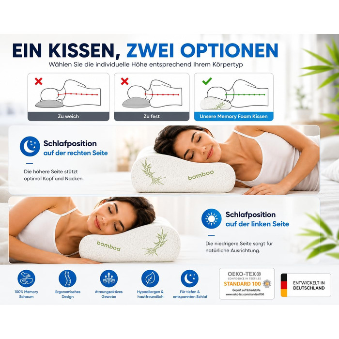 Ортопедична подушка з ефектом пам'яті (Memory Foam) з бамбуковим чохлом, ергономічна підтримка шиї для будь-якої пози сну, біла, 60x40x12/10 см