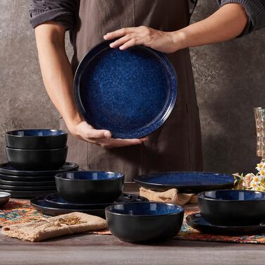 Набір посуду HaWare на 6 осіб, 18 предметів: тарілки з реактивної глазурі, комплект посуду для сервірування столу (Edelblau)