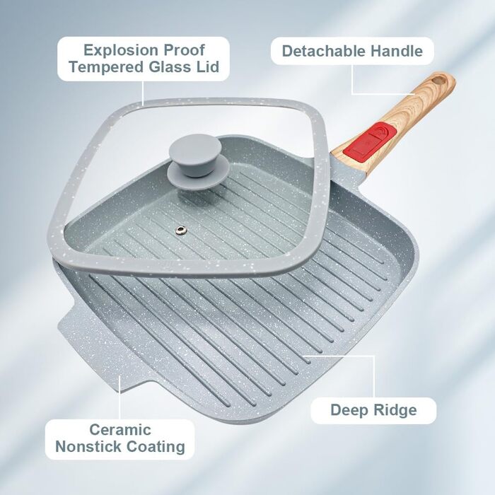 Гриль-сковорода з кришкою 26x24 см з антипригарним керамічним покриттям, знімною ручкою, блакитна