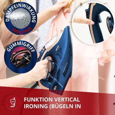 Праска MPM MZE-24/G з керамічною підошвою, 3000 Вт, 190 г/хв, 300 мл, вертикальне прасування, автовимкнення, блакитна