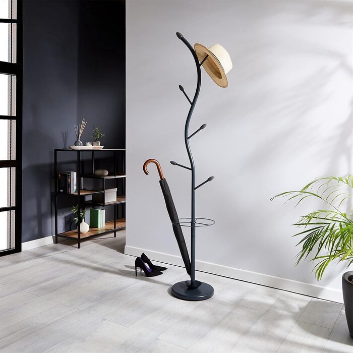 IDIMEX Coat Rack Wardrobe Stand Triana with 6 Coat Hooks and Umbrella Stand, White Lacquered (Grey)