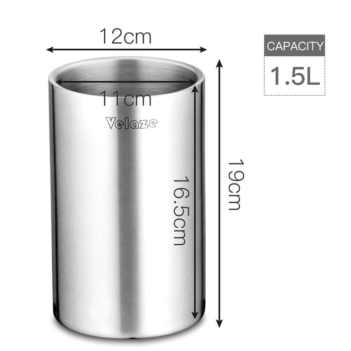 Velaze Bottle Cooler for Wine and Sparkling Wine Bottles, Double-Walled Stainless Steel with Matte Brushed Outer Surface, Wine Cooler, Accessory for Wine Bottle or Bar Set, Chiller - 1.5L, VIB01, Silver, 1.5 Liter