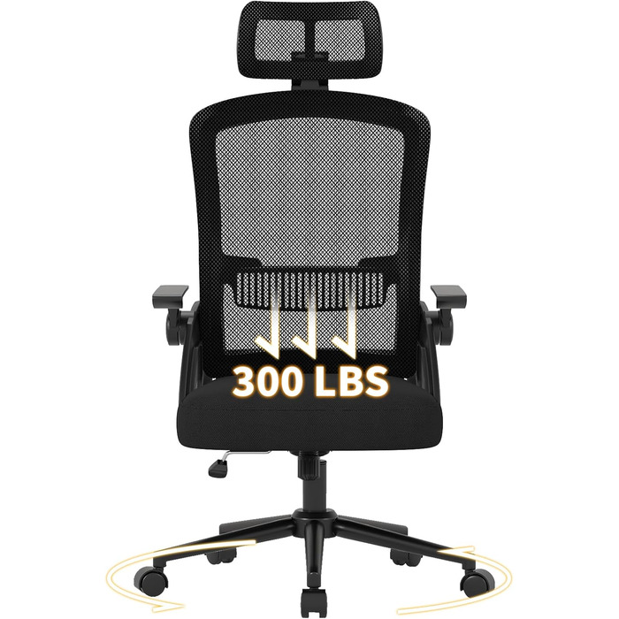 Офісний стіл Naspiro Ergonomic, регульований по висоті, поворотний крісло з дихаючою спинкою з сітки, відкидні підлокітники на 90° та поперекова підтримка, високощільна піна для дому/офісу (Чорний-1, з підголівником)