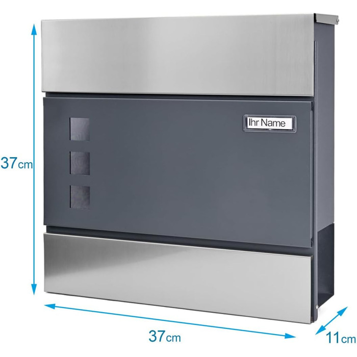 Поштовий ящик Verda з газетницею, нержавіюча сталь, антрацит, 37x37x11 см - дизайнерський вуличний ящик з вікном, ключами та табличкою для імен