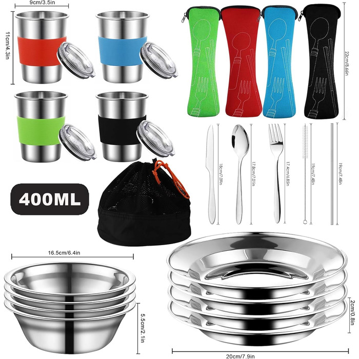 Набір для кемпінгу з нержавіючої сталі: посуд, столові прилади на 4 особи, у сітчастій сумці