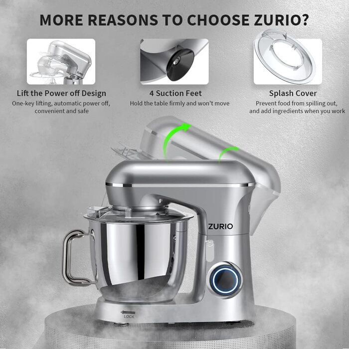 Stand Mixer 1300W Zurio 5.5L Stand Mixer/Kneader 10-Speed Robot Kneader with Quiet Dough Function, with Accessories Dough Hook, Whisk, Kneader Silver