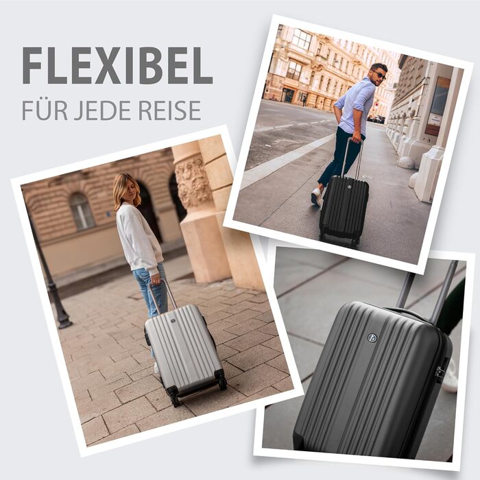 Набір валіз FERGÉ Toulouse 3-в-1 з жорстким корпусом: ручна поклажа 55 см, L та XL. 100% ABS, сріблястий колір.