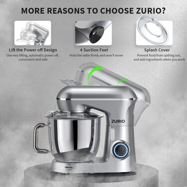 Stand Mixer 1300W Zurio 5.5L Stand Mixer/Kneader 10-Speed Robot Kneader with Quiet Dough Function, with Accessories Dough Hook, Whisk, Kneader Silver