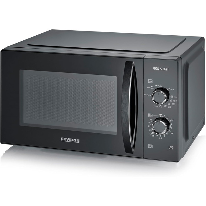 Мікрохвильова піч Severin 2-в-1 з грилем, 20 л, чорна, MW 7762. Плоский скляний стіл, 2 рівні, велика площа, для прямокутного посуду, легке очищення