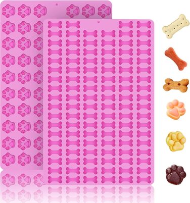 2 Pack Mini Silicone Molds, Cookie Molds for Dog Bones, 69 Cavities, Silicone Mold for Baking Cookies, Biscuits, Candy, Chocolate, Jellies, Dog Treats (Mini Dog Bones + Dog Paw)