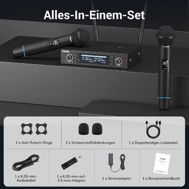TONOR TW750 Бездротовий мікрофон UHF з регулюванням, 2 шт., 100м радіус дії, світлодіодний індикатор, автосканування, для караоке, церкви, вечірок