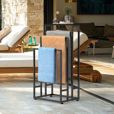 Підставка для рушників стояча, 3-ярусна з полицею з дерева, металева з регульованими ніжками, для ванної кімнати та спальні, 40x30x82 см, чорна