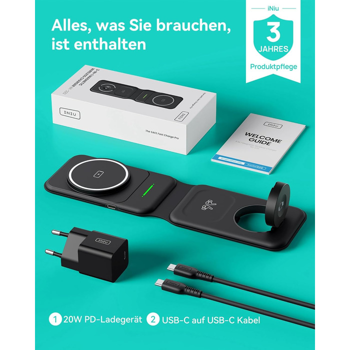 Станція зарядки MagSafe INIU 15W 3-в-1: для iPhone, Apple Watch, AirPods (з адаптером 20W та USB-C кабелем)