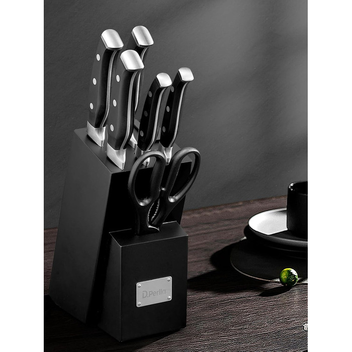D.Perlla Self-Sharpening Knife Block Set - 7 Piece Stainless Steel Knife Set with Plastic Handle & Wooden Block - Professional Kitchen Knife Set, Black