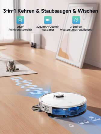 Робот-пилосос HONITURE Q6 SE з вологою тканиною, станція самостійного очищення, потужність 5000Pa, навігація LiDAR, мапірування, керування через додаток, сумісність з Alexa, для шерсті тварин та килимів, час роботи до 200 хвилин, білий