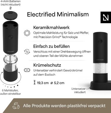Електричні мельниці для солі та перцю LARS NYSØM (набір 2 шт.) з регулюванням помелу, на батарейках AAA, з підставкою, колір Carbon Black
