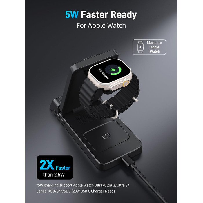 MagSafe Зарядний пристрій 3-в-1 для Apple Watch та iPhone (17 Pro Max/16/15), Бездротовий зарядний пристрій для Apple Watch (10-4) та AirPods, 25W, Чорний