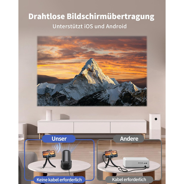 Портативний проєктор Yoton Mini Beamer Wi-Fi6/Bluetooth 5.4 з бездротовою трансляцією екрану (Android/iOS), підтримка 1080P, автоматична корекція трапецеїдальних спотворень, HDMI, Native 720P, білий (чорний)