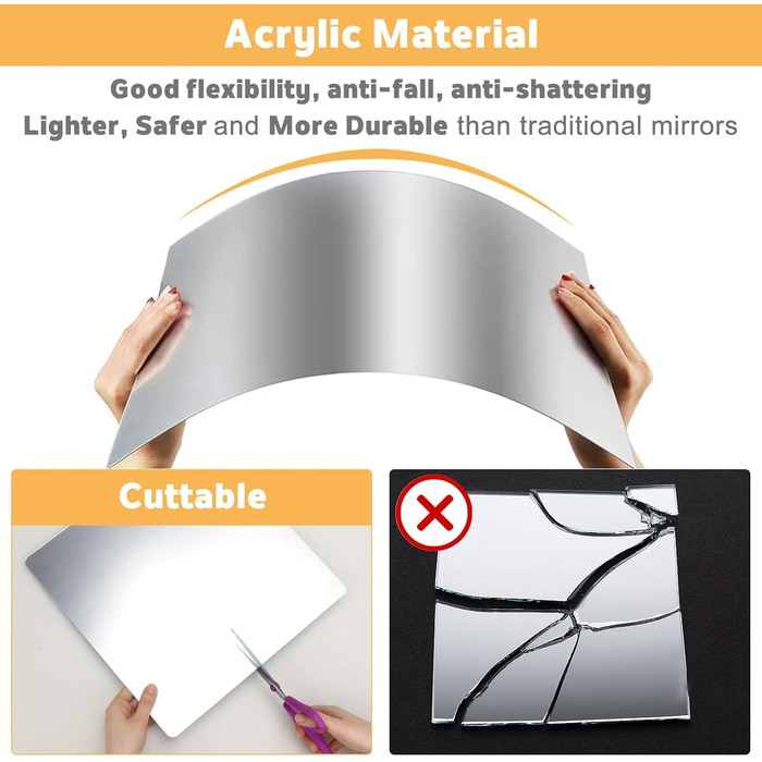 12 шт. акрилових дзеркал самоклеючих 20x20 см для ванної, вітальні, шафи | Дзеркальна плитка, настінні дзеркала