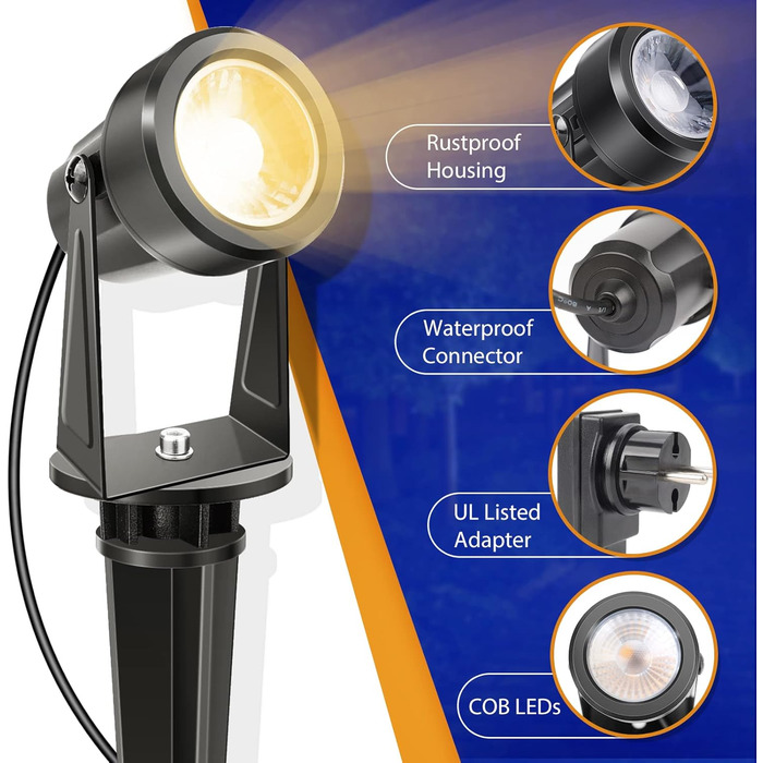 NIORSUN Garden Lighting LED, Warm White 3000K LED Spotlights, IP67 Waterproof Garden Spotlights, 23 m 27 V Garden Lights with Adapter, Outdoor Garden Lamps for Garden, Yard, Trees (6-Pack)