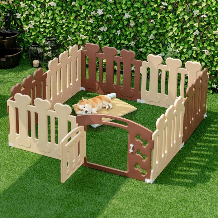 Вольєр для собак COSTWAY з 8 панелей, 60 см, з дверцятами, для дому та саду, HDPE пластик, бежевий + коричневий