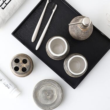 Набір аксесуарів для ванної кімнати Tauzveok з кераміки, 6 предметів: дозатор мила, тримач для зубних щіток, мильниця, стаканчик та підставка. Колір: коричневий.