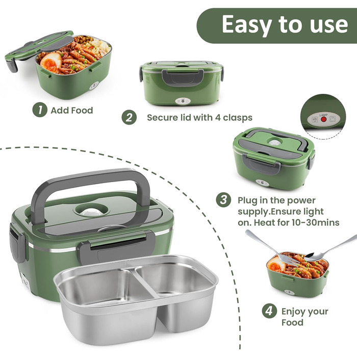 Electric Lunch Box 100W, 3-in-1 Portable Heated Lunch Box, 1.5L Stainless Steel Removable Food Container, 12V/24V/220V Insulated Food Warmer Box for Car/Truck/Office (Green & Gray, 1.5 L)