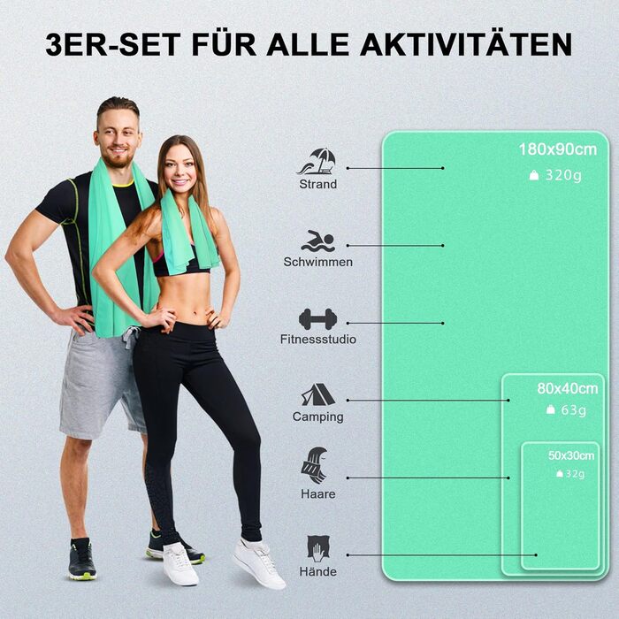 Набір рушників з мікрофібри, швидковисихаючі, 3 шт. (180x90см, 80x40см, 50x30см), для подорожей, спорту, пляжу (світло-зелений)