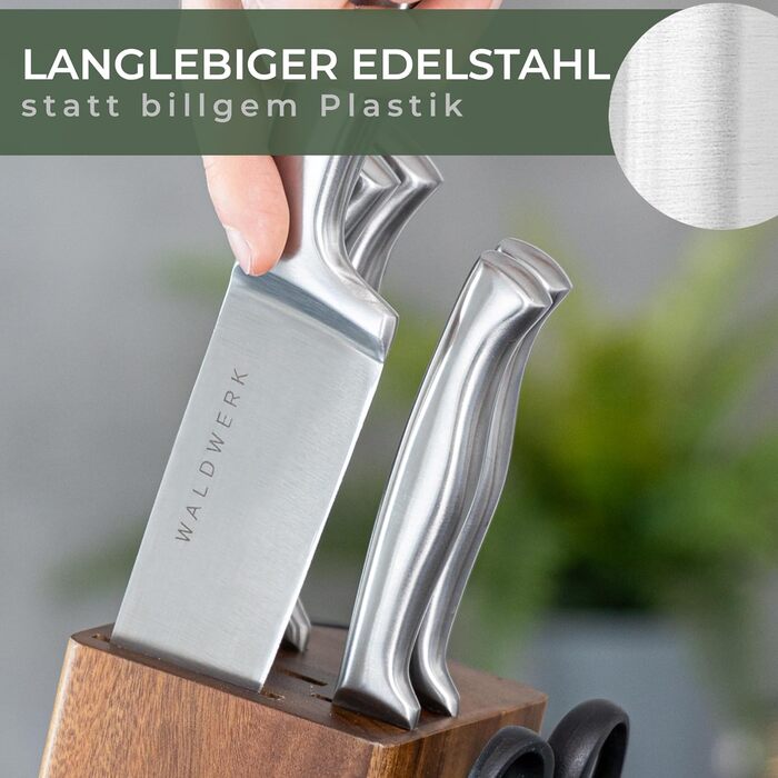 Waldwerk 7-Piece Knife Set with Block & Sharpener - Acacia Wood Knife Block Set - Premium Kitchen Knife Set