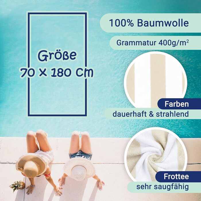 Комплект рушників для пляжу ZOLLNER 2 шт., 70x180 см, 100% бавовна, смугасті, бежеві, висока поглинаюча здатність, прати до 95°C, сертифікат Oeko Tex