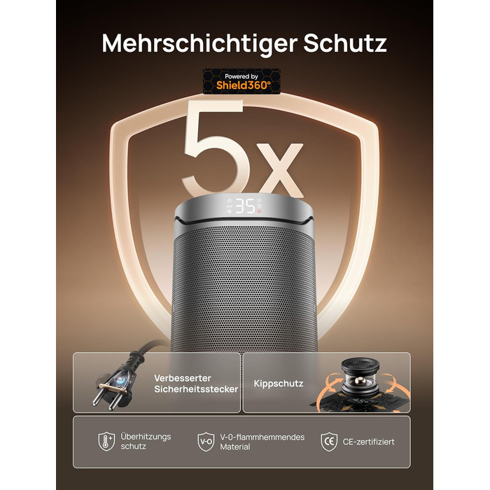 Електричний керамічний обігрівач DREO 318, 1500 Вт з термостатом, захистом від перегріву та нахилу, таймером та дитячим замком, срібний колір