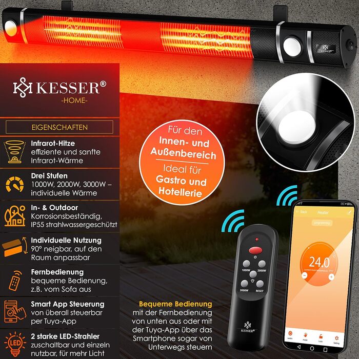 Інфрачервовий обігрівач KESSER® 3000W з LED-підсвічуванням та Wi-Fi, для тераси, кафе, бару, з пультом керування та захисним чохлом. Настінний кварцовий обігрівач (Чорний)