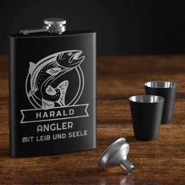 Набір Maverton Flachmann Set: фляга 200 мл з гравіюванням + 4 стаканчики 20 мл з воронкою, чорний матовий, з зображенням риби