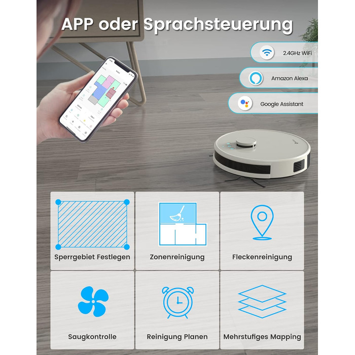 Робот-пилосос LEFANT M2Plus з функцією миття, 6000Pa, LiDAR-навігація, самоочищення, ідеальний для шерсті тварин, білий (M1-C)